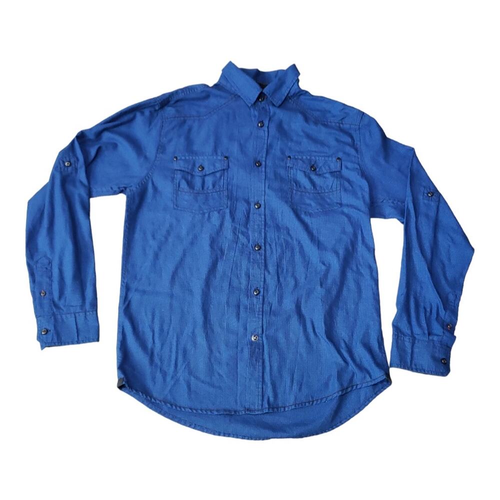 Drill Dark Blue Long Sleeve Button Down Collared Dress Shirt | Size Medium
